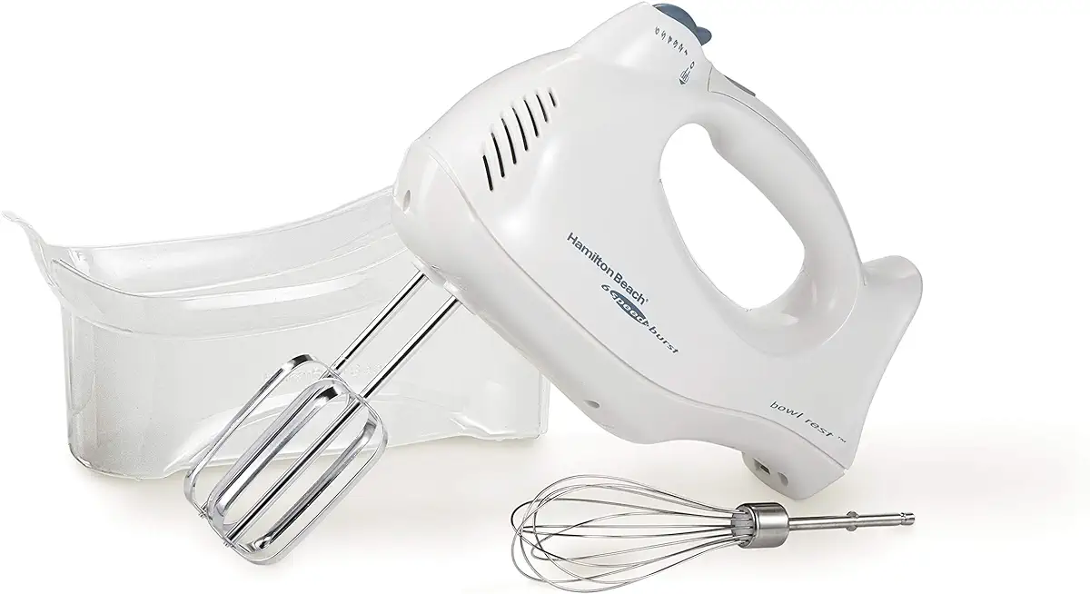 Hamilton Beach Power Deluxe 6-Speed Electric Hand Mixer with Snap-On Storage Case, QuickBurst, Beaters, Whisk, Powerful 250 Watt Motor, Bowl Rest, White (62695V)