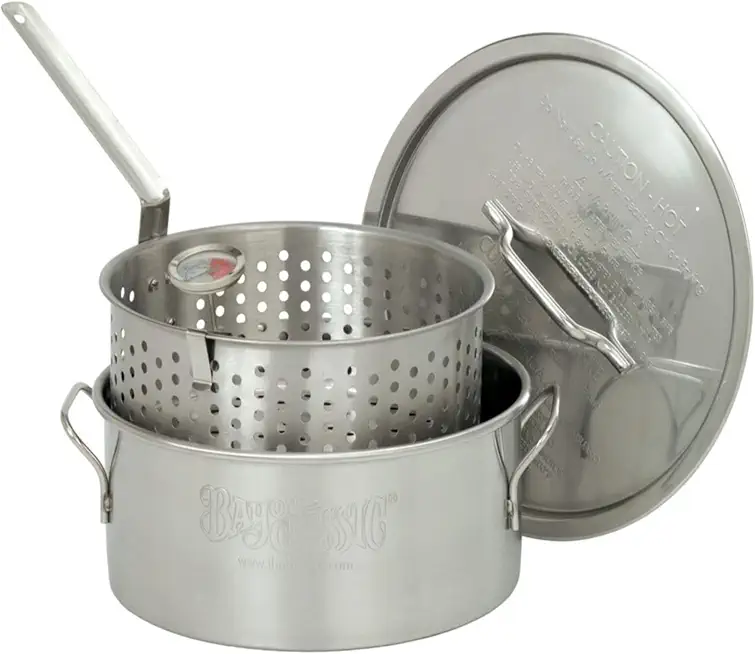 Bayou Classic 1101 10-qt Stainless Steel Fry Pot Perfect For Frying Fish Shrimp Chicken Hushpuppies and Fries Includes Stainless Steel Perforated Basket 5-in Frying Thermometer and Stainless Lid