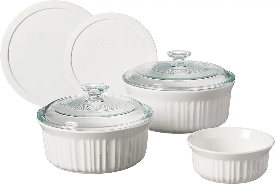 CorningWare French White 7-Pc Ceramic Bakeware Set with Lids, Chip and Crack Resistant Stoneware Baking Dish, Microwave, Dishwasher, Oven, Freezer and Fridge Safe