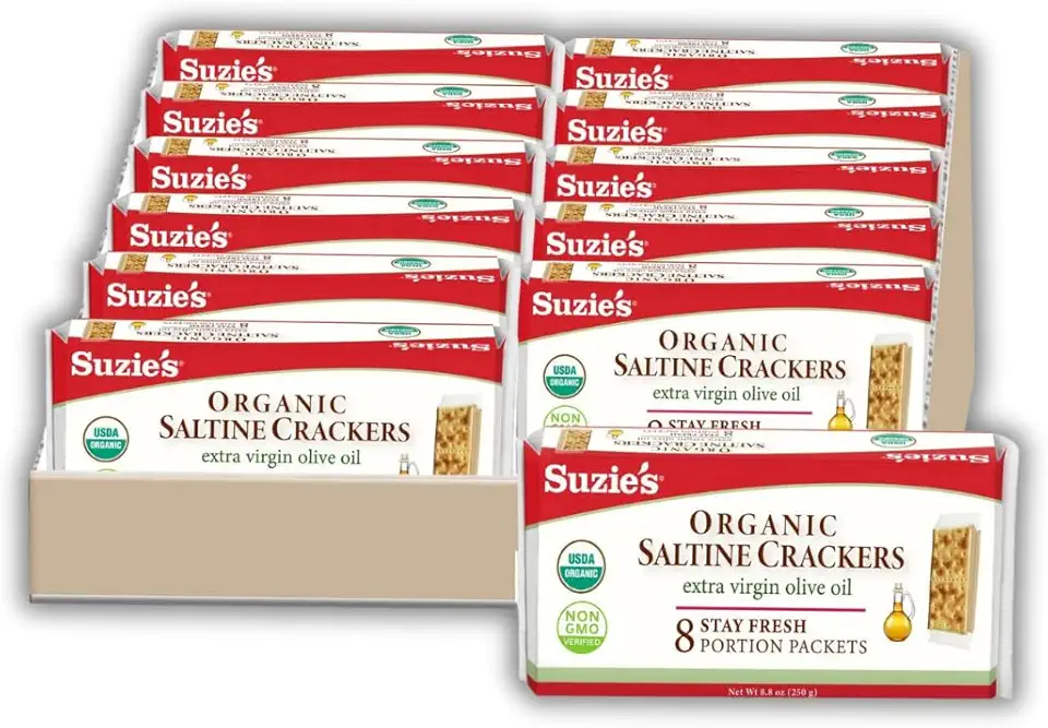 Suzie&#x27;s Organic Saltines Crackers|Salted w/Extra Virgin Olive Oil|Low Saturated Fat|Healthy Gourmet Baked Vegan Snack for Adults &amp; Children| 12 Packs (96 individual Stay Fresh Packs) - 8.8oz Each