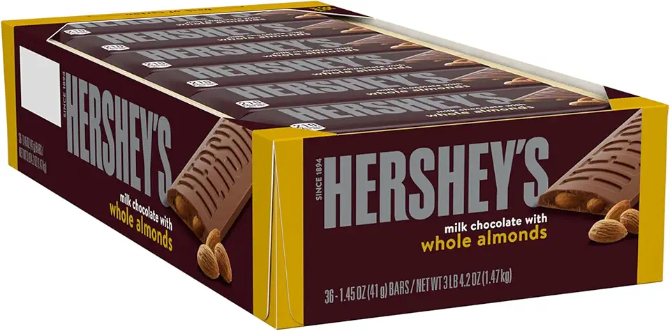 HERSHEY&#x27;S Milk Chocolate with Whole Almonds Candy Bars, 1.45 oz (36 Count)