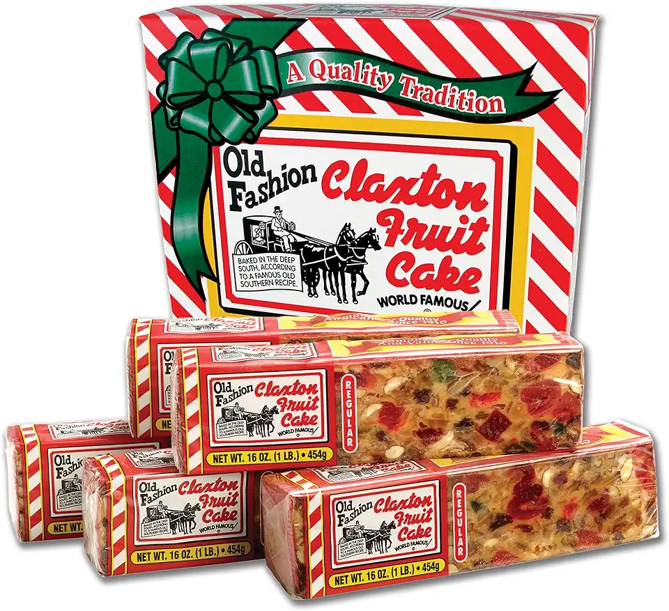 Old Fashion Claxton Fruit Cake 5-1 lb. Regular Recipe Loaves – Individually Wrapped for Freshness in Our Signature Red-White Carton – 5-Pack