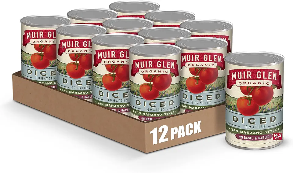 Muir Glen Organic Diced San Marzano Style Canned Tomatoes with Basil and Garlic, 14.5 oz. (Pack of 12)