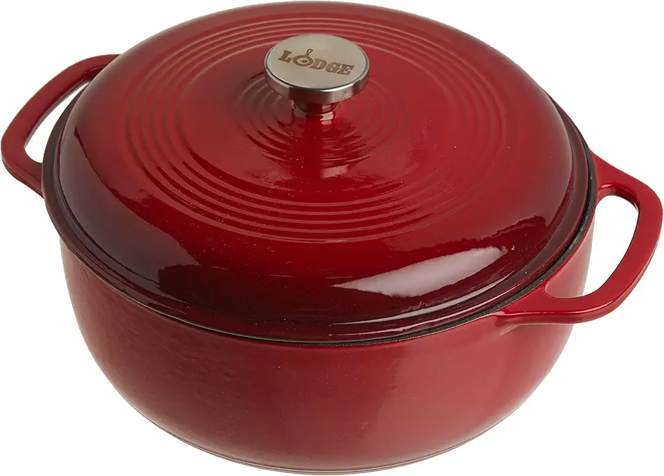 Lodge 6 Quart Enameled Cast Iron Dutch Oven with Lid – Dual Handles – Oven Safe up to 500° F or on Stovetop - Use to Marinate, Cook, Bake, Refrigerate and Serve – Island Spice Red