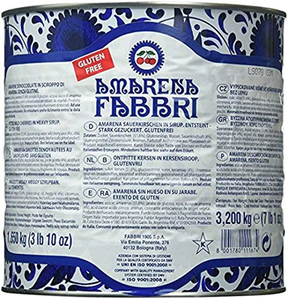 Fabbri Amarena Wild Cherries in Syrup, 7 Pounds, Food Service Size, Gluten Free, Non- GMO, Vegan