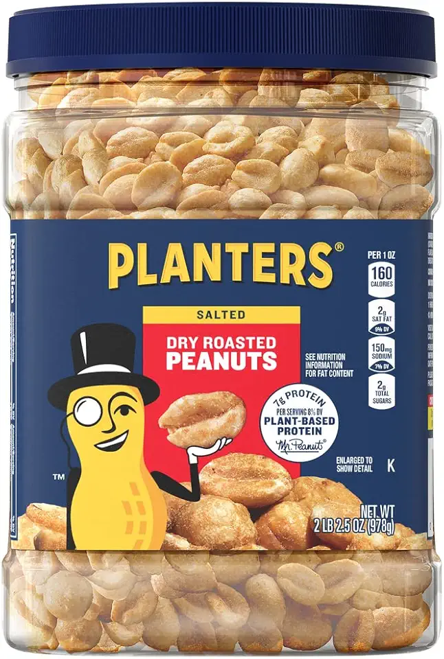 PLANTERS Dry Roasted Peanuts, 34.5 oz Resealable Plastic Jars (Pack of 6) - Peanuts with Sea Salt - Peanut Snacks - Shareable Snacks - Great School Snack or Work Snack - Kosher