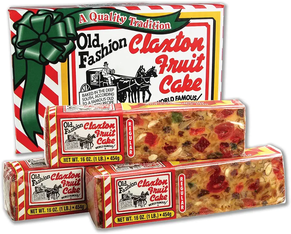 Old Fashion Claxton Fruit Cake 3-1 Lb. Regular Recipe Loaves - Individually Wrapped For Freshness in our Signature Red-White Carton - 3-pack