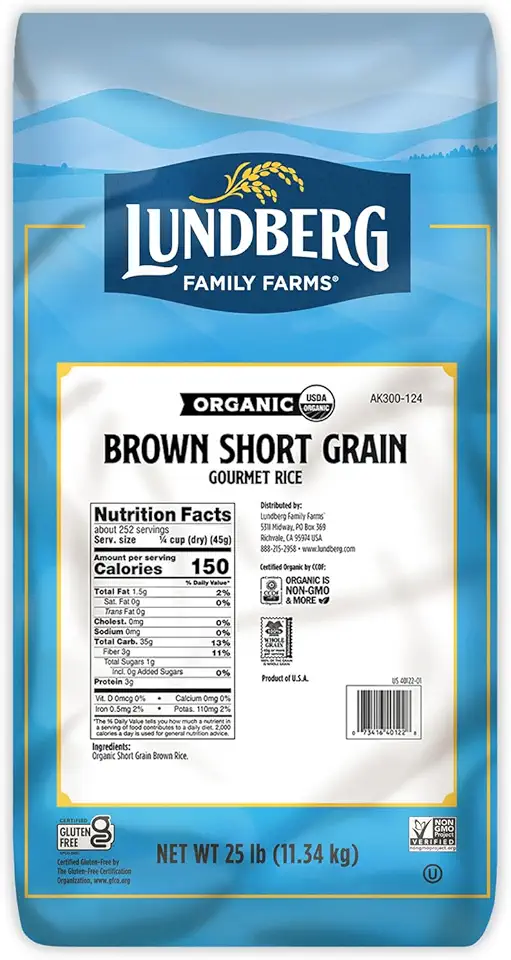 Lundberg Organic Brown Rice, Short Grain - Whole Grain Rice that Clings Together When Cooked, Subtle Nutty Flavor, Healthy Food, Vegan, Pantry Staples, Organic Rice Grown in California, 25 Lbs