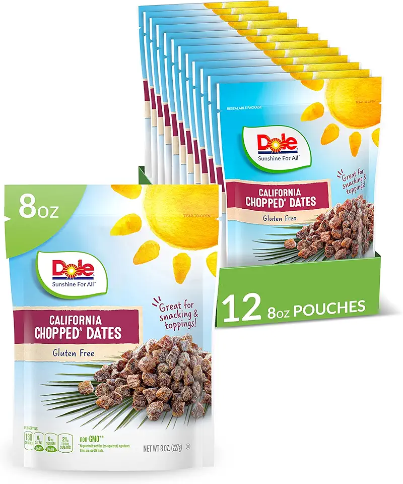 Dole California Chopped Dates, Naturally Gluten Free Dried Fruit, Healthy Snack, 8 Oz Resealable Bag, (Pack of 12)