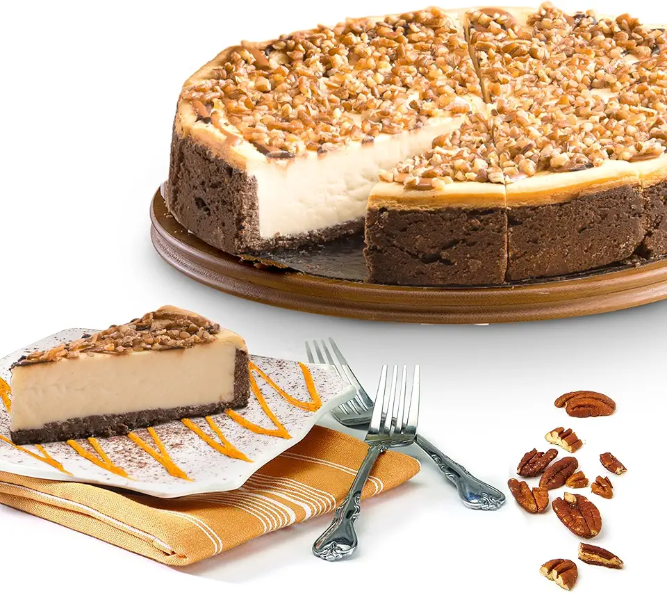 Chocolate Caramel Pecan Cheesecake 10&quot; - Pre-sliced 14 pcs. Creamy Cheesecake Topped With Clumps of Chewy Pecans Drenched In A Coating Of Caramel, Fresh Bakery Dessert Great Gift Idea for Women, Men