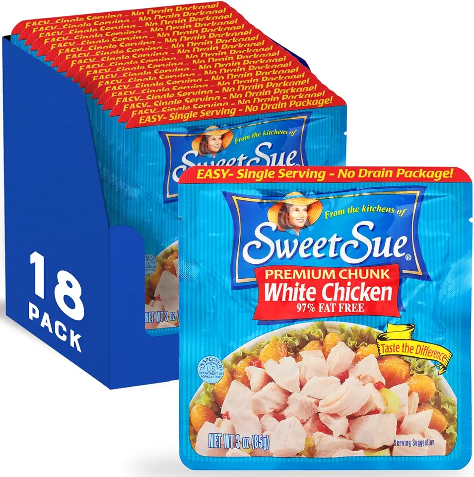 Sweet Sue Premium Chicken Breast, 3 Ounce (Pack of 18) - 19g Protein per Serving, 97% Fat Free - Gluten Free, Keto Friendly - Great for Snack, Lunch or Dinner Recipes