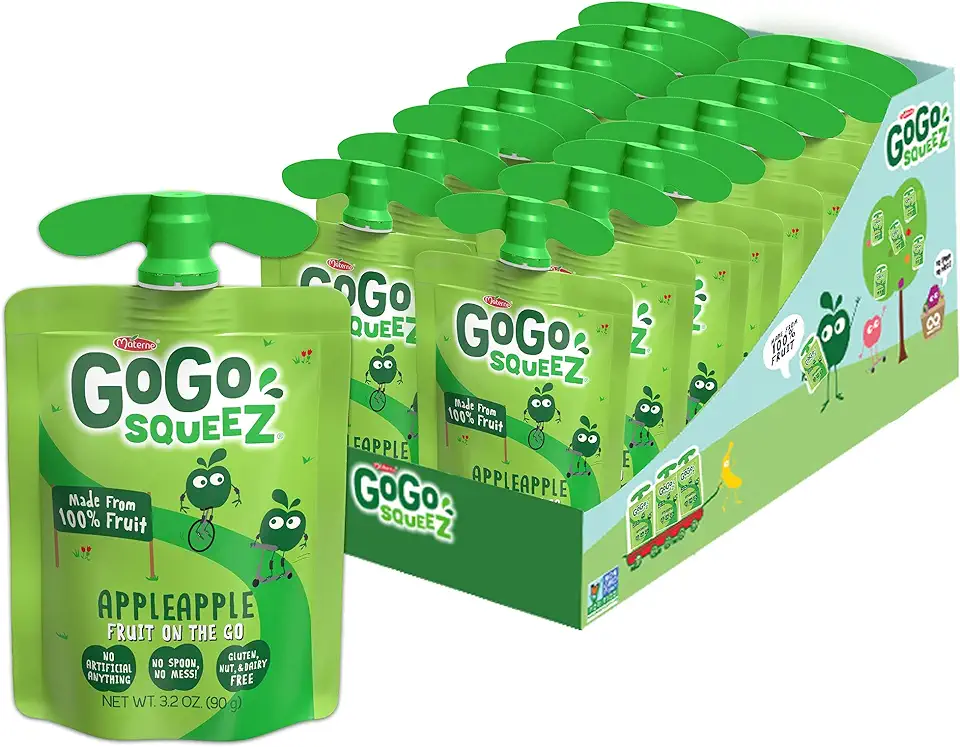 GoGo squeeZ Fruit on the Go, Apple Apple, 3.2 oz (Pack of 18), Unsweetened Fruit Snacks for Kids, Gluten Free, Nut and Dairy Free, Recloseable Cap, BPA Free Pouches