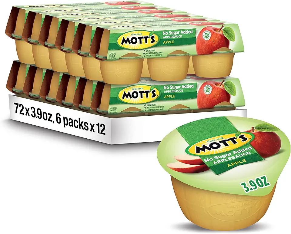 Mott&#x27;s No Sugar Added Applesauce, 3.9 Oz Cups, 72 Count (12 Packs Of 6), Good Source Of Vitamin C, No Artificial Flavors