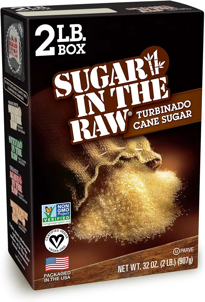 Sugar In The Raw Granulated Turbinado Cane Sugar, No Added Flavors or erythritol, Pure Natural Sweetener, Hot &amp; Cold Drinks, Coffee, Baking, Vegan, Gluten-Free, Non-GMO, Bulk Sugar, 2lb Bag (1-Pack)