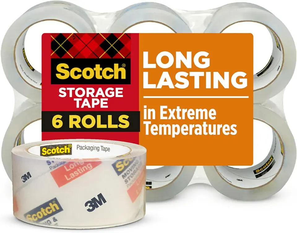 Scotch Long Lasting Storage Packaging Tape, 1.88&quot; x 54.6 yd, Designed for Storage and Packing, Stays Sealed in Weather Extremes, 3&quot; Core, Clear, 6 Rolls (3650-6)