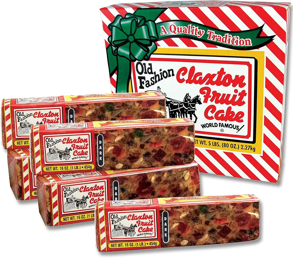 Old Fashion Claxton Fruit Cake - 5-1 Lb. Dark Recipe - Each Cake Individually Wrapped For Freshness in our Signature Claxton Carton