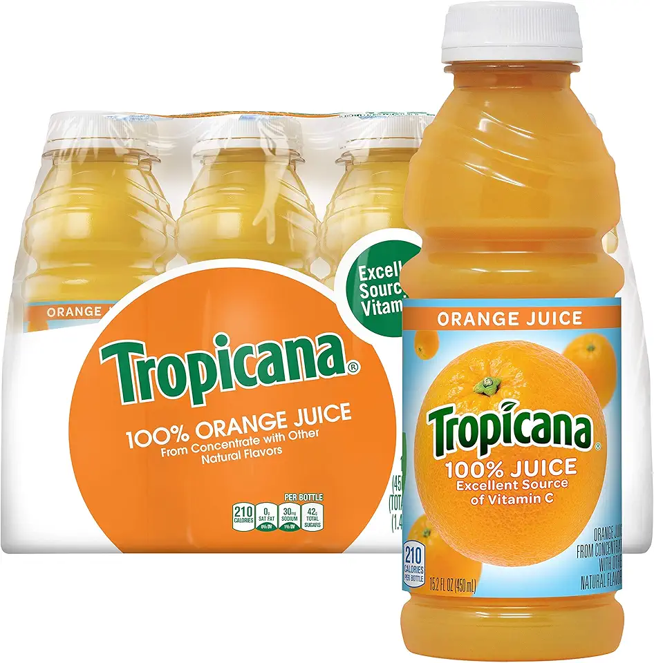 Tropicana 100% Orange Juice, 15.2 fl oz (Pack of 12) - Real Fruit Juices, Vitamin C Rich, No Added Sugars, No Artificial Flavors