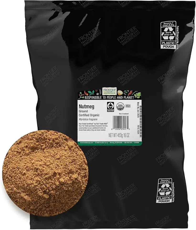 Frontier Co-op Nutmeg Ground, 1lb Certified Organic Nutmeg Powder - Fair Trade, Kosher | 1 Pound Bulk Bag | Wholesale Cafe, Restaurant Supply | Myristica fragrans