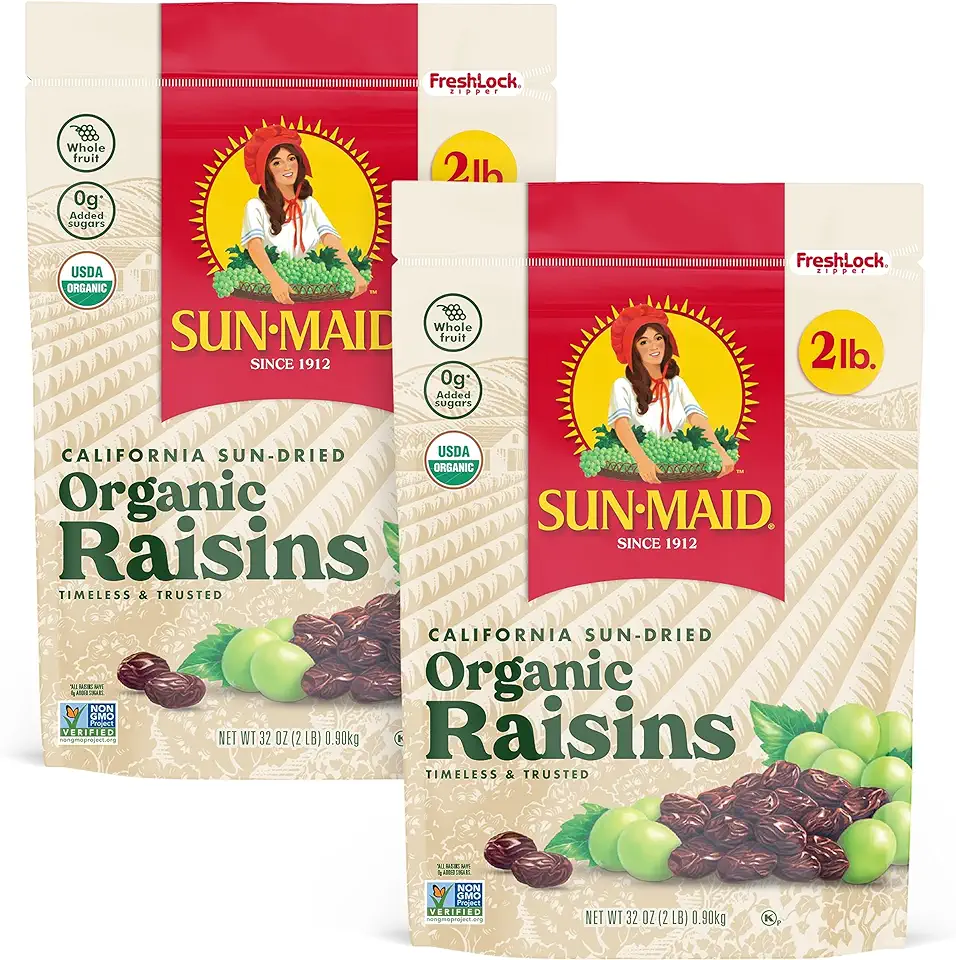 Sun-Maid Organic California Sun-Dried Raisins - (2 Pack) 32 oz Resealable Bag - Organic Dried Fruit Snack for Lunches, Snacks, and Natural Sweeteners