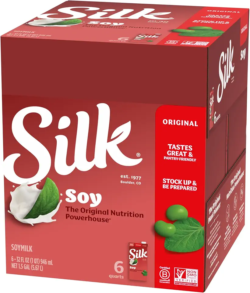 Silk Shelf-Stable Soy Milk, Original, Dairy-Free, Vegan, Non-GMO Project Verified, 32 Fl Oz (Pack of 6)