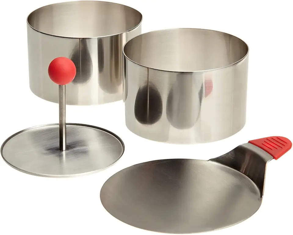 Ateco Round Food Molding Set, 3.5 by 2.1-Inches High, 4-Piece Set Includes 2 Rings, Fitted Press &amp; Transfer Plate