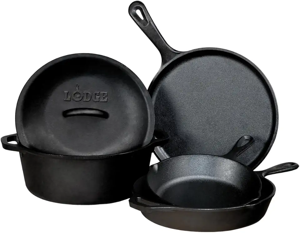 Lodge Seasoned Cast Iron 5 Piece Bundle. 10.5&quot; Griddle, 8&quot; Skillet, 10.25&quot; Skillet, 10.25&quot; Dutch Oven, and 10.25&quot; Lid,Black