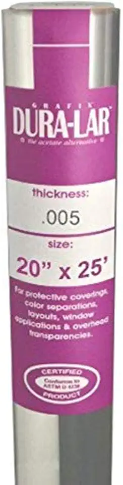 Grafix Dura-Lar .005” Ultra-Clear Film, Acetate Alternative, Glossy Surface for Coverings, Stencils, Color Separation, Window Applications, Transparencies, and More, 20&quot; x 25&#x27;