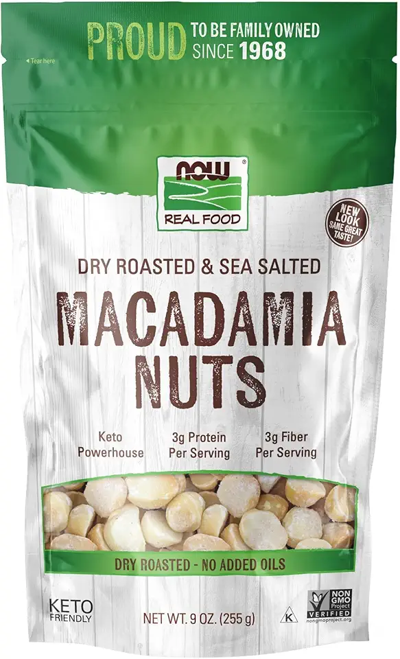 NOW Foods, Macadamia Nuts, Dry Roasted with Sea Salt, Source of Fiber, Gluten-Free and Certified Non-GMO, 9-Ounce (Packaging May Vary)