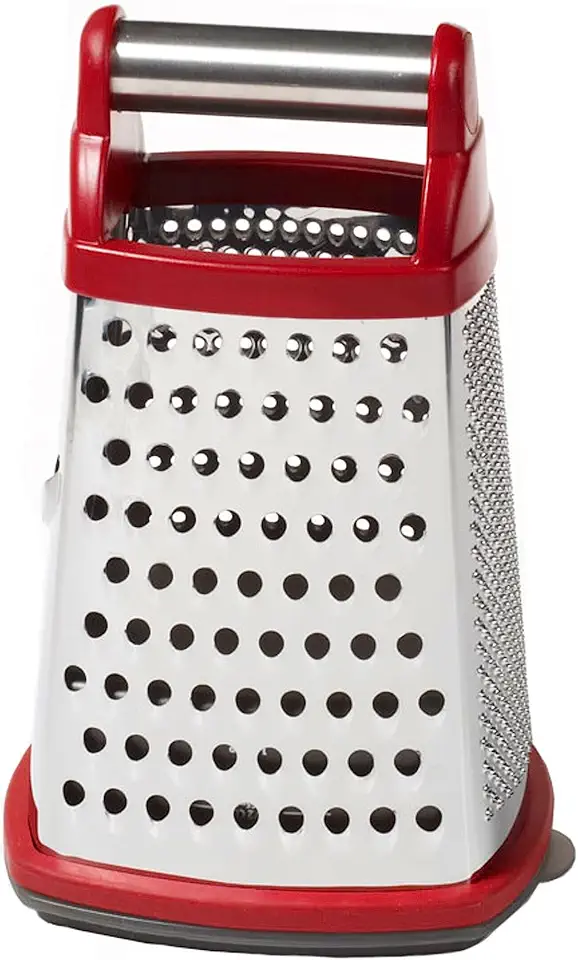 KitchenAid Gourmet 4-Sided Stainless Steel Box Grater for Fine, Medium and Coarse Grate, and Slicing, Detachable 3 Cup Storage Container and Measurment Markings, Dishwasher Safe, 10 inch, Red