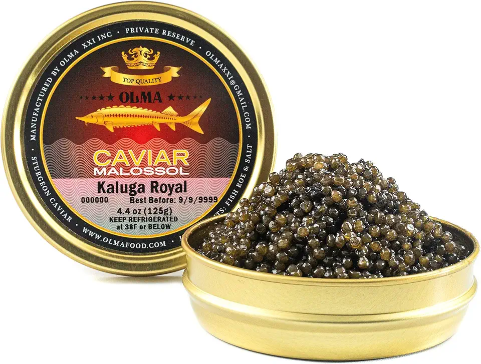 OVERNIGHT SHIPPING- OLMA Kaluga Sturgeon Black Caviar - Large Pearly Grains, Smooth Flavor, Superior Grade - 4.4 oz / 125 g