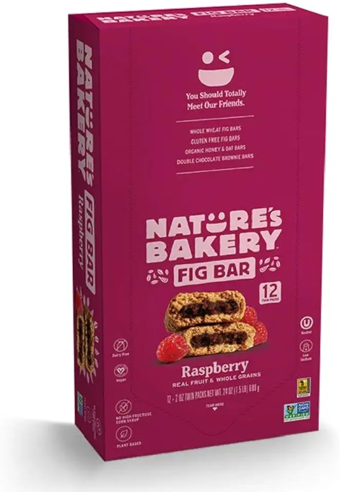 Nature’s Bakery Whole Wheat Fig Bars, Raspberry, Real Fruit, Vegan, Non-GMO, Snack bar, 1 box with 12 twin packs (12 twin packs)