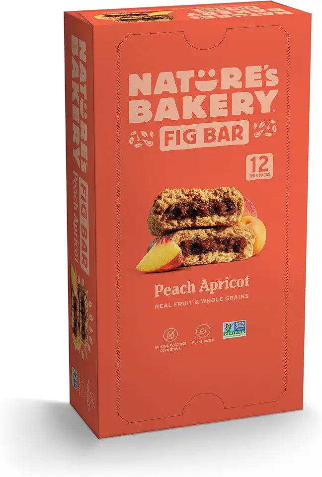 Nature’s Bakery Whole Wheat Fig Bars, Peach Apricot, Real Fruit, Vegan, Non-GMO, Snack bar, 1 box with 12 twin packs (12 twin packs)