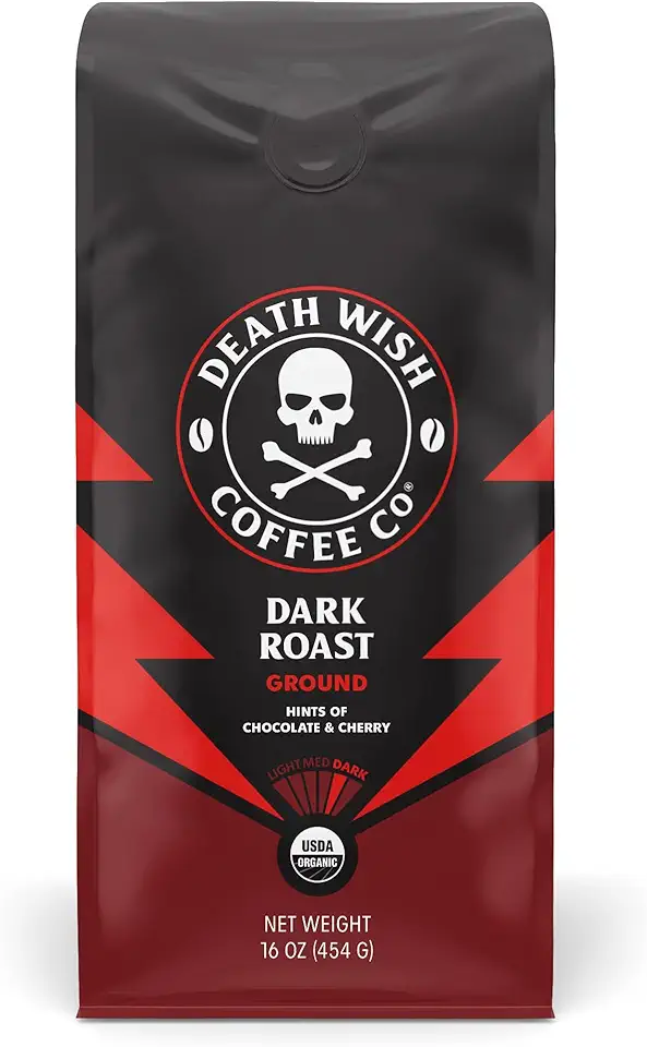 Death Wish Coffee Co., Organic and Fair Trade Dark Roast Ground Coffee, 16 oz