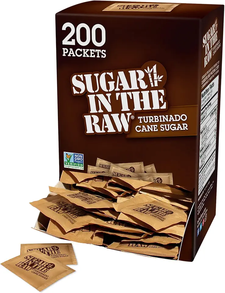 Sugar In The Raw Turbinado Cane Sugar Packets, 200 Count, Natural Sweetener for Drinks and Baking, Vegan, Gluten-Free, Non-GMO