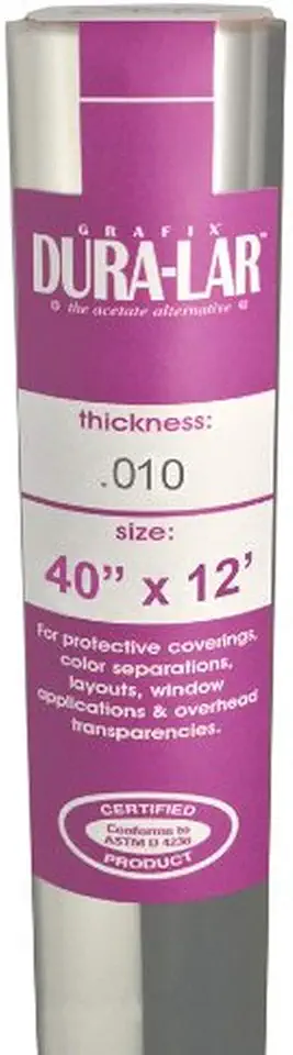 Grafix Dura-Lar Clear 12&quot; Roll Ultra .010 Film, Acetate Alternative, Glossy Surface for Coverings, Stencils, Color Separations, Window Applications, Transparencies, and More, 40&quot; x 12&#x27;, 39 Sq Ft