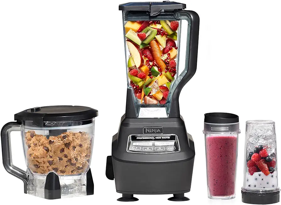 Ninja BL770 Mega Kitchen System, 1500W, 4 Functions for Smoothies, Processing, Dough, Drinks &amp; More, with 72 Blender Pitcher, 64 Processor Bowl, (2) 16-oz. to-Go, Black, with 2 Nutri Cups + Lids