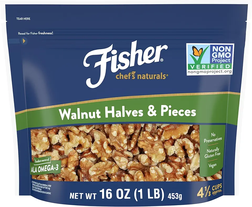 Fisher Chef&#x27;s Naturals Walnut Halves &amp; Pieces 1 lb, 100% California Unsalted Walnuts for Baking &amp; Cooking, Snack Topping, Resealable Bag, Great with Yogurt &amp; Cereal, Vegan Protein, Keto Snack