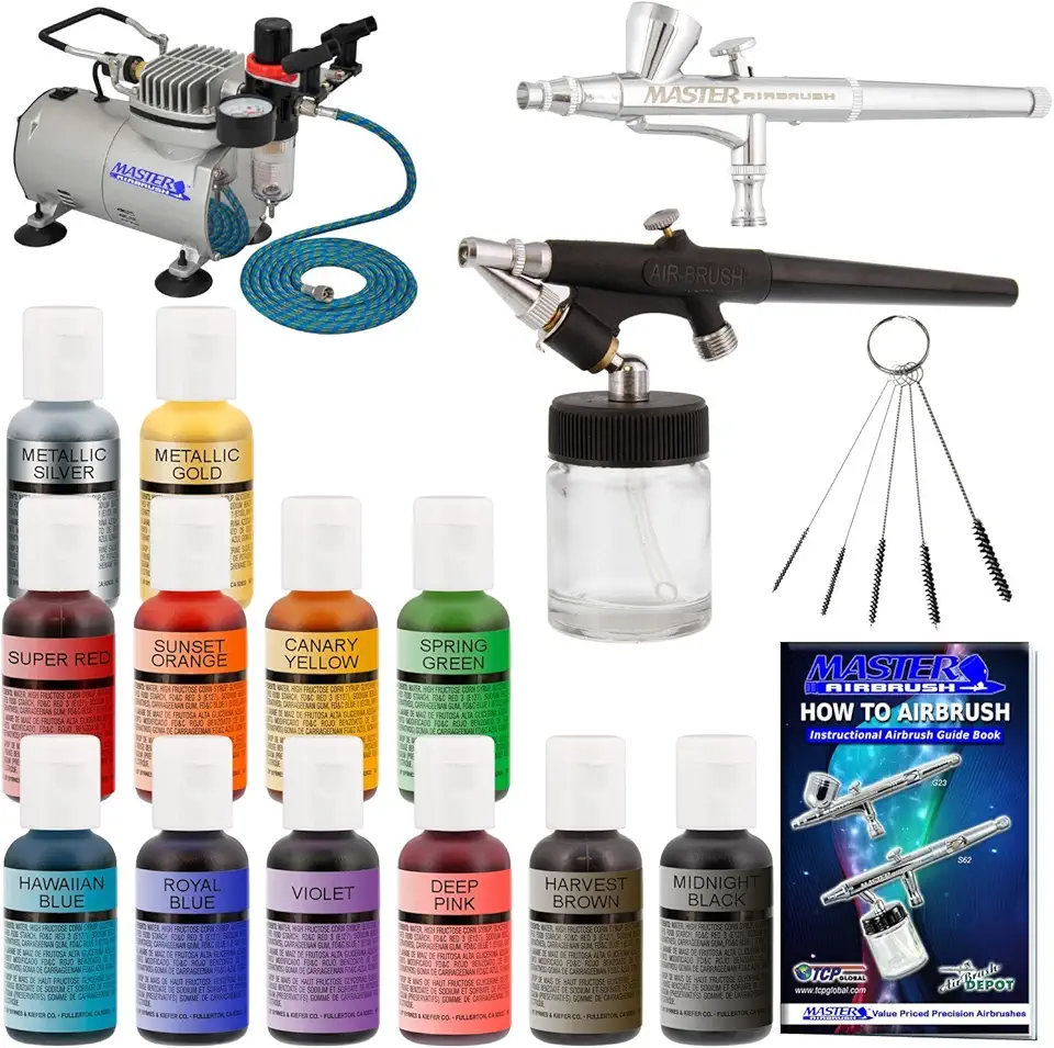 Master Airbrush Cake Decorating Airbrushing System Kit with 2 Airbrushes, Gravity and Siphon, 12 Color Chefmaster Food Coloring Set, Pro Cool Runner II Dual Fan Air Compressor - How To Guide, Cupcakes