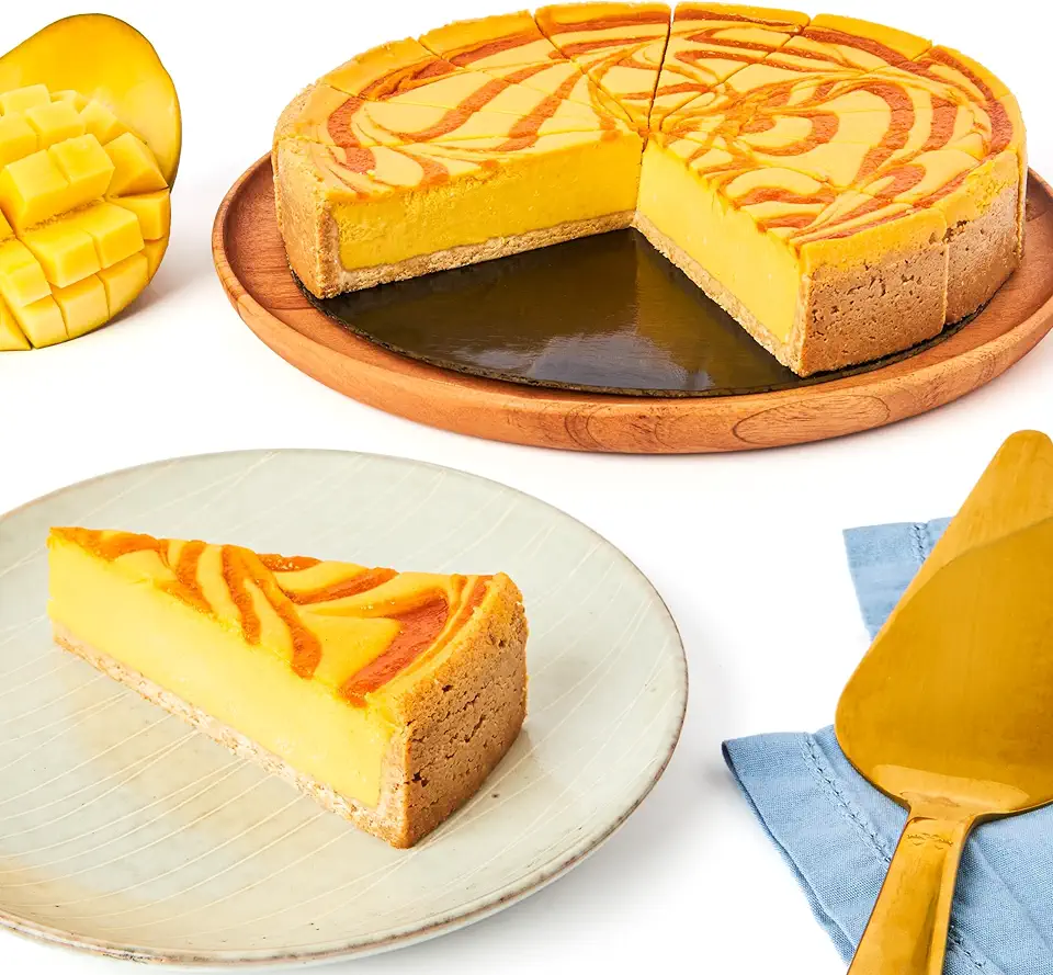 David&#x27;s Cookies Mango Cheesecake 10&quot; - Pre-sliced 14 pcs. Cheescake With Swirls Of Mango On Top. Fresh Tropical Bakery Dessert Great Gift Idea for Women, Men and Kids