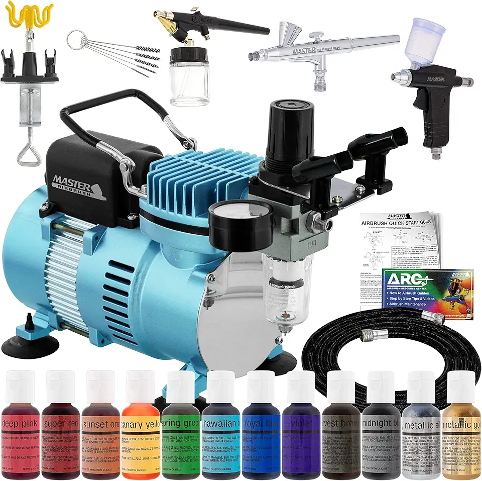 Master Airbrush Cool Runner II Dual Fan Air Compressor Pro Cake Decorating System Kit with 3 Airbrushes, Gravity and Siphon Feed, 12 Color Chefmaster Food Coloring Set - How-to Guide, Cupcake, Cookie