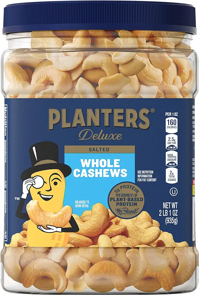 PLANTERS Deluxe Salted Whole Cashews, Party Snacks, Plant-Based Protein, Quick Snack for Adults, After School Snack, Roasted Cashew Flavored with Sea Salt, Kosher, 33oz Container