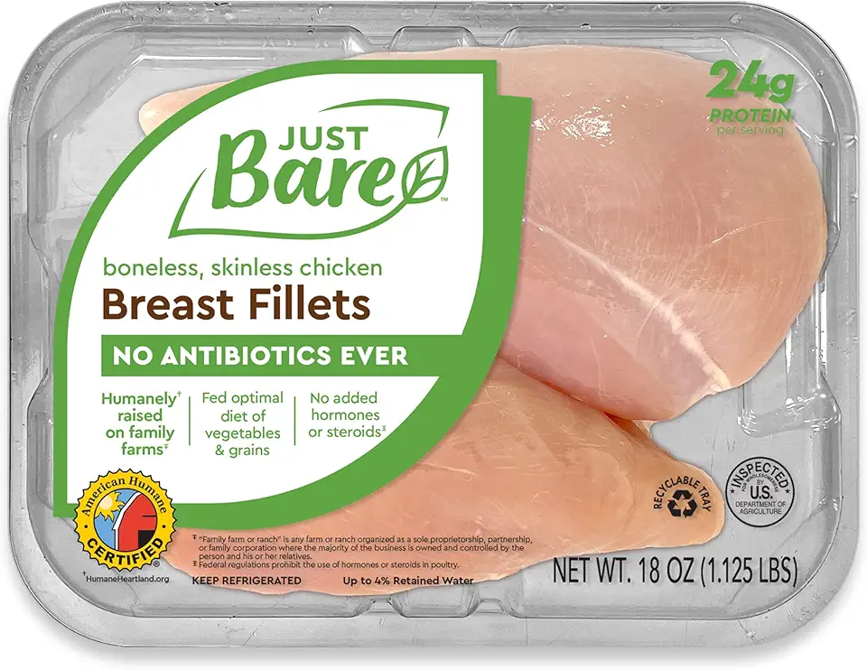 Just Bare® Natural Fresh Chicken Breast Fillets | No Antibiotics Ever | Boneless | Skinless | 1.125 LB