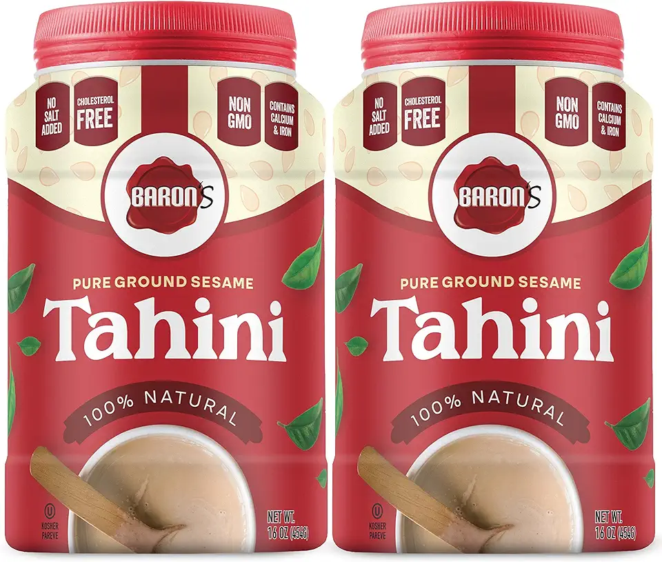 Baron&#x27;s Pure Tahini Sesame Paste | Rich Creamy Spread for Hummus, Dips, Sauces | 2 x 16 oz Jars | Kosher, Vegan, Keto friendly, Non-GMO, Gluten-Free, No Peanuts | All-natural Ground Seeds Tahina