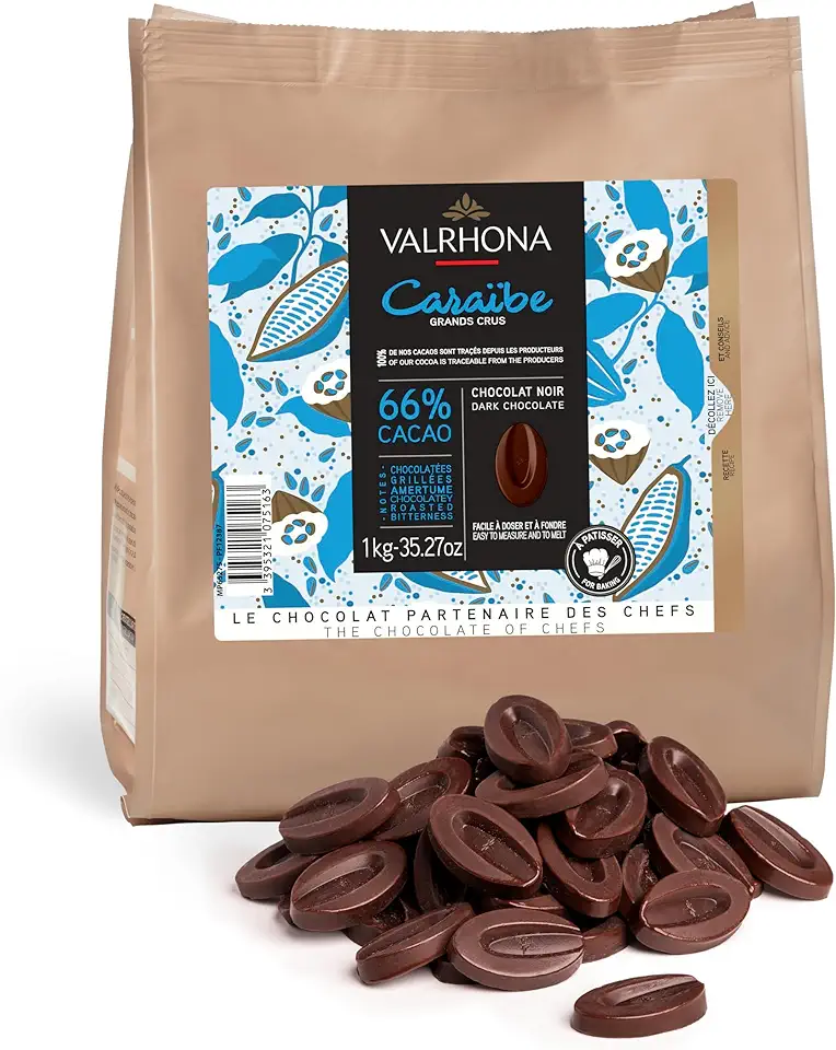 Valrhona Dark French Chocolate Discs for Baking (Feves). Premium CARAÏBE 66% Cacao Grand Cru Blend. Easy Melt &amp; Tempering. Cookies, Cakes, Mousses, Frostings, Hot Chocolate, Candies 1kg (Pack of 1)