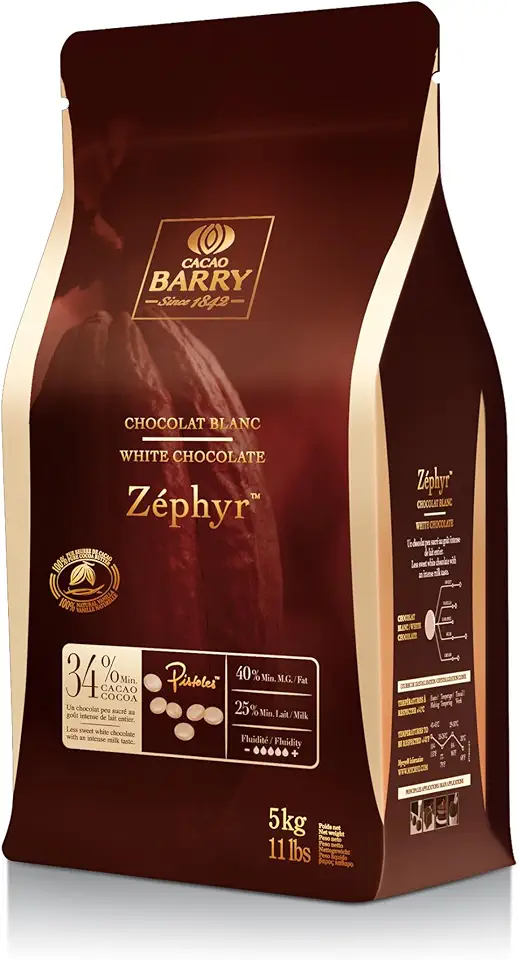 Cacao Barry Callebaut Zephyr White Chocolate Pistoles, Belgian, 34% Cacao, 5 kg, Kosher, Halal, Gourmet Chocolate for Chefs