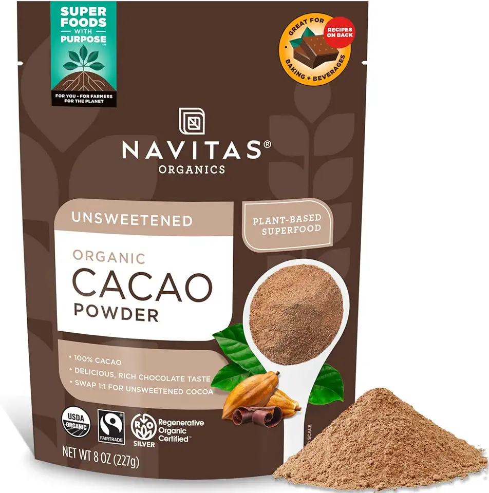 Navitas Organics Cacao Powder, Regenerative Organic Certified, Non-GMO, Fair Trade, Gluten-Free, 8oz. Bag, 15 Servings