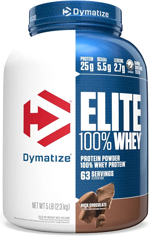 Dymatize Elite 100% Whey Protein Powder, 25g Protein, 5.5g BCAAs &amp; 2.7 L-Leucine, Quick Absorbing &amp; Fast Digesting for Optimal Muscle Recovery, Rich Chocolate, 5 Pound, 63 Servings