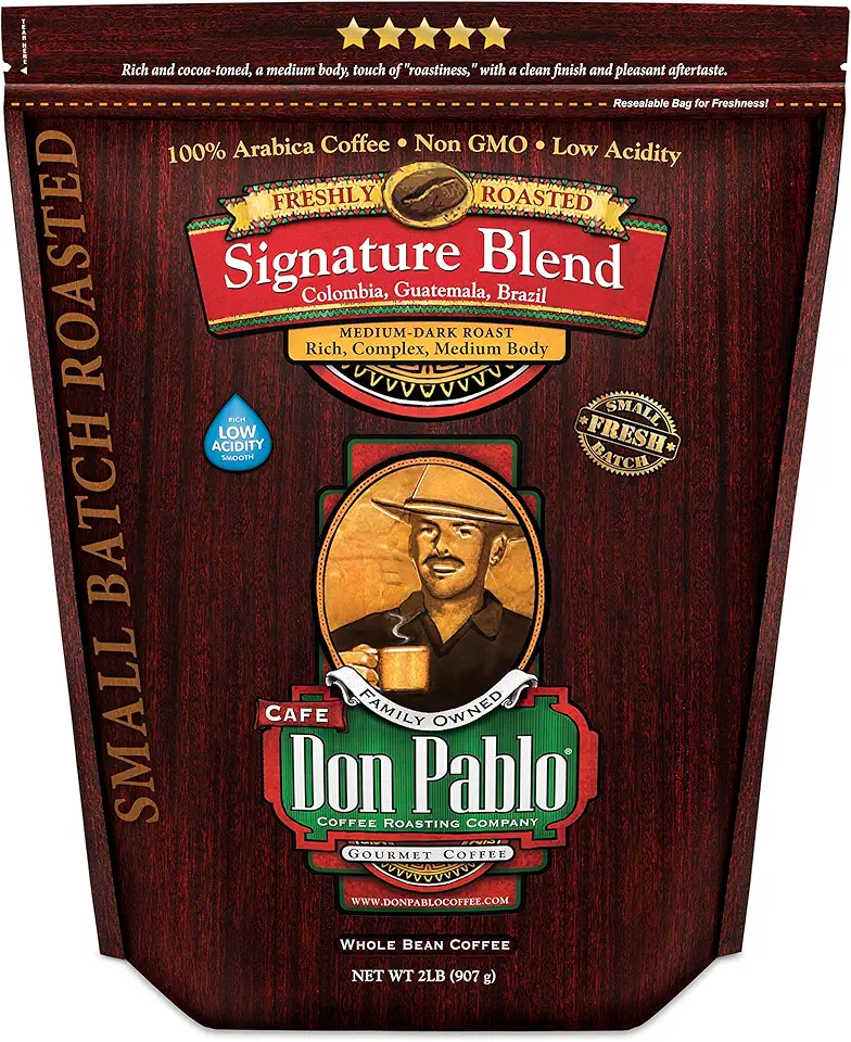 2LB Don Pablo Gourmet Coffee - Signature Blend - Medium Dark Roast - Whole Bean Coffee - 100% Arabica Beans - Low Acidity and Non-GMO - 2lb bag