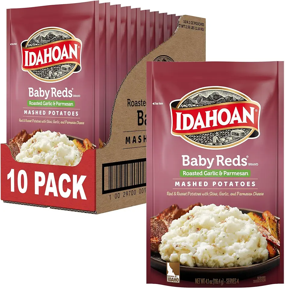 Idahoan Mashed Potatoes, Baby Reds with Roasted Garlic and Parmesan, 4.1 Ounce (Pack of 10)