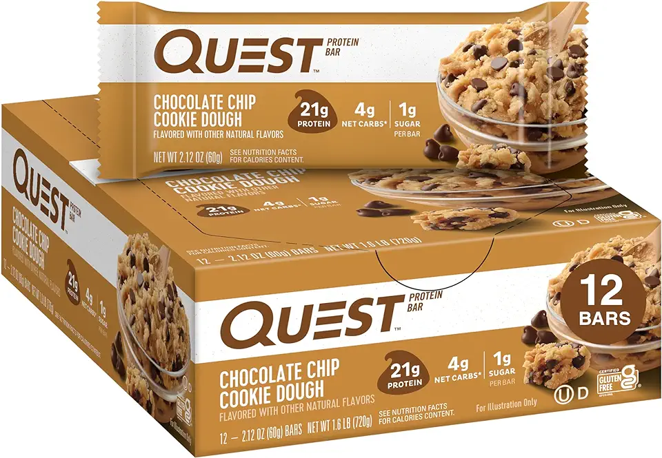 Quest Nutrition Chocolate Chip Dough Cookie Protein Bars, 21g Protein, 1g Sugar, 4g Net Carb, Gluten Free, Keto Friendy, 12 Count